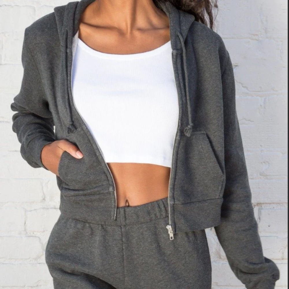 Brandy Melville Dark Heathered Gray Crystal Hoodie - Cropped Zip Up Hoodie